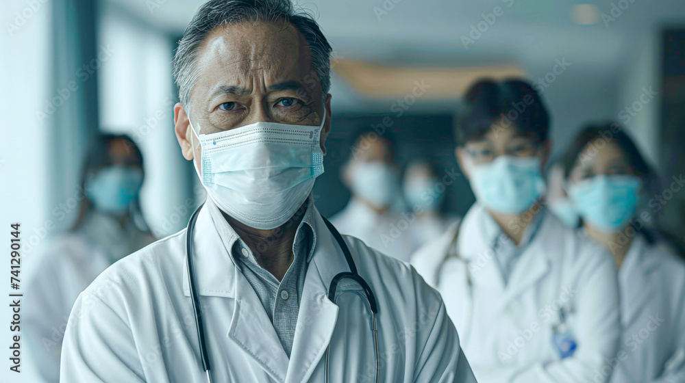 A determined healthcare professional in a mask stands with a team of medical staff, reflecting resilience and teamwork in healthcare.