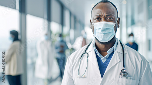 A determined healthcare professional in a mask stands with a team of medical staff  reflecting resilience and teamwork in healthcare.
