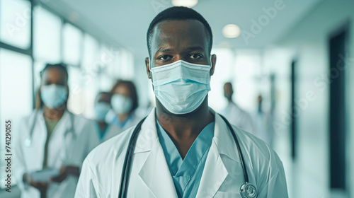 A determined healthcare professional in a mask stands with a team of medical staff, reflecting resilience and teamwork in healthcare.