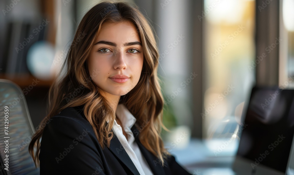 Fototapeta premium A professional young businesswoman posing confidently in her office, making direct eye contact with the camera for a portrait shot