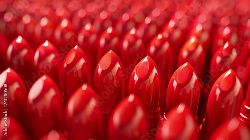 wallpaper with smooth surfaces and rows of standing matte lipstick bullets in various shades of red