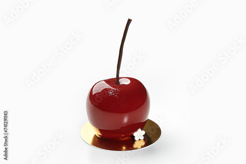 Glossy red dessert in shape of cherry with chocolate stem
