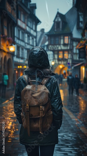 Man in rain-soaked jacket on city street at dusk