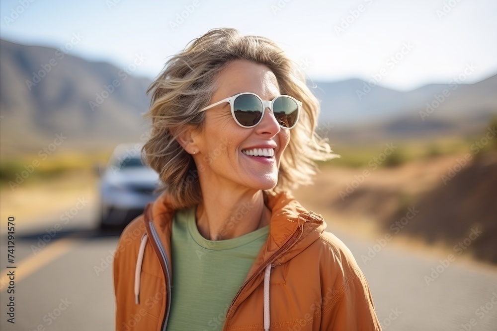 Portrait of a smiling woman on the road with her car in the background Portrait of a smiling woman on the road with her car in the background