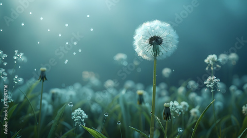 Colorful Dandelions in a dreamy field, A dandelion with water droplets on top of it in the style of fantasy surrealism