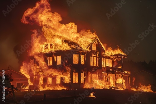 Blaze engulfs home in dangerous inferno threatening safety of inhabitants inside. Concept Fire Safety, Home Destruction, Emergency Response, Inferno Damage, Evacuation Plans