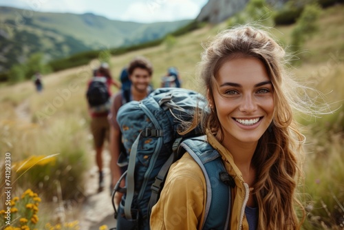 Happy female hiker with a backpack. Generative Ai.