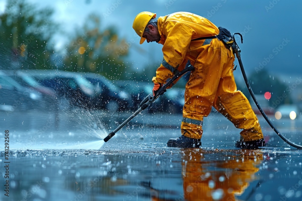 A worker in a yellow rain suit uses a high-pressure water fed pole to clean a wet urban street, with droplets sparkling around. - obrazy, fototapety, plakaty 