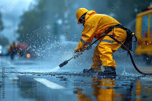 A worker in a yellow rain suit uses a high-pressure water fed pole to clean a wet urban street, with droplets sparkling around. photo
