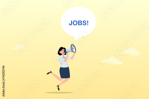 Businesswoman announce jobs on megaphone, job advertising or vacancy announcement, human resources recruitment, job communicate or hiring opportunity, career development seeker or employment (Vector)