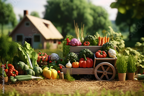 Close-up of a cart with a variety of fresh vegetables from a farm, with a village in the background, generated by AI. 3D illustration