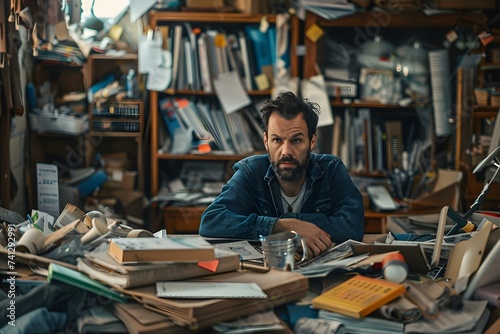 Exhausted man at cluttered warehouse desk representing small business burnout. Concept Small Business Burnout, Overwhelmed Entrepreneur, Work Stress, Decluttering Workspace, Fatigue Symptoms photo