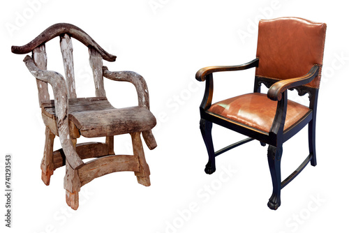 Vintage style wooden chairs isolated, Full transparent PNG
