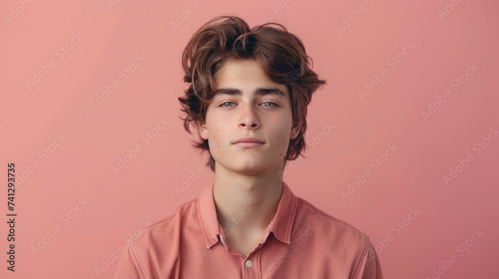 A young individual with tousled hair wearing a casual buttoned shirt stands against a pink background, looking directly at the camera with a natural expression. A young individual with tousled hair wearing a casual buttoned shirt stands against a pink background, looking directly at the camera with a natural expression.