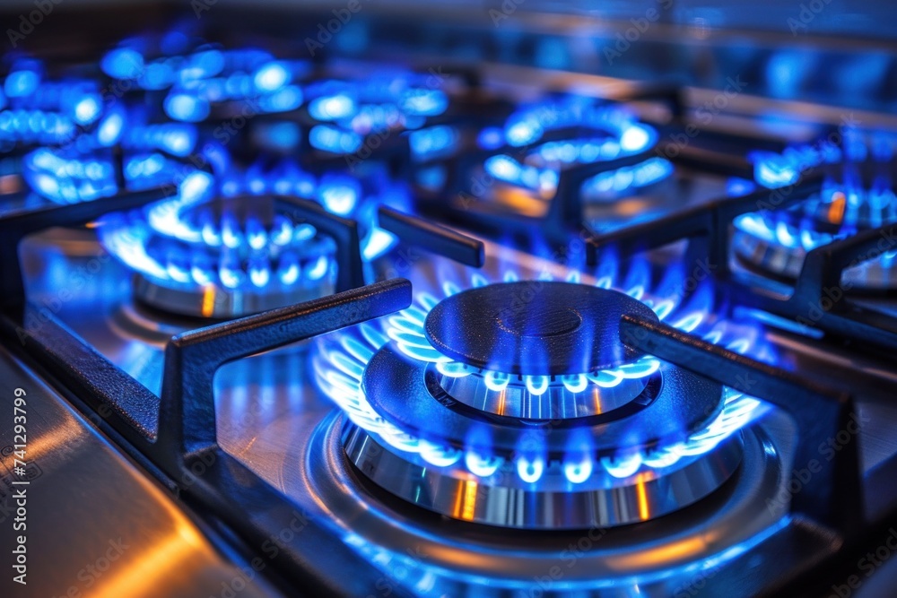 A detailed look at a stainless steel gas stove burner with intense blue flames, indicating high heat output. A detailed look at a stainless steel gas stove burner with intense blue flames, indicating high heat output.