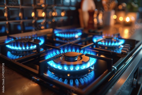 A detailed look at a stainless steel gas stove burner with intense blue flames, indicating high heat output.