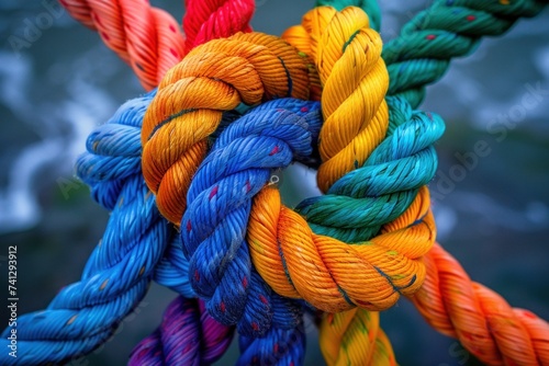 Colorful ropes tied in intricate knots forming a circular pattern, showcasing a spectrum of hues.