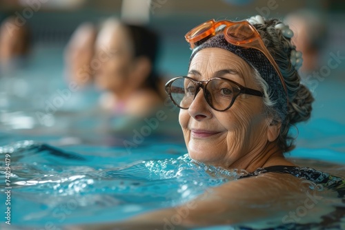 Seniors that are content perform water aerobics. Generative Ai. © Planum