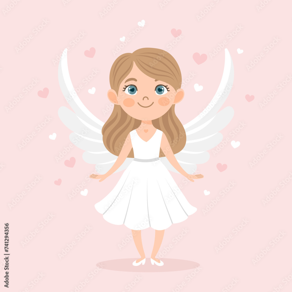 Cute cupid girl with bow and arrow, angel girl, cherub. Valentine's Day card, pastel colors. Vector illustration Cute cupid girl with bow and arrow, angel girl, cherub. Valentine's Day card, pastel colors. Vector illustration