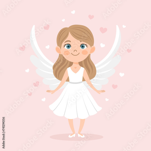 Cute cupid girl with bow and arrow, angel girl, cherub. Valentine's Day card, pastel colors. Vector illustration
