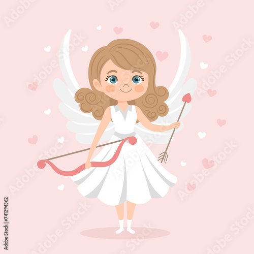Cute cupid girl with bow and arrow, angel girl, cherub. Valentine's Day card, pastel colors. Vector illustration