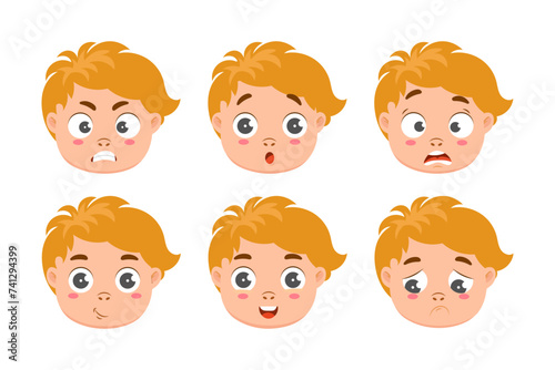 Set of portraits of cute faces of boys with different emotions. Illustration, vector