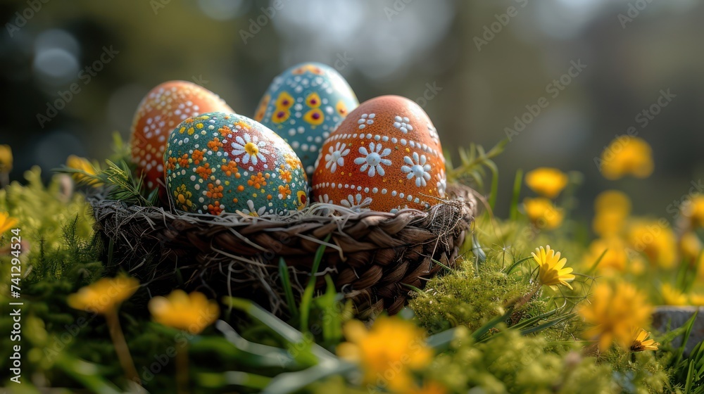 Colorful hand-painted Easter eggs in a traditional wicker basket for spring festivities Colorful hand-painted Easter eggs in a traditional wicker basket for spring festivities