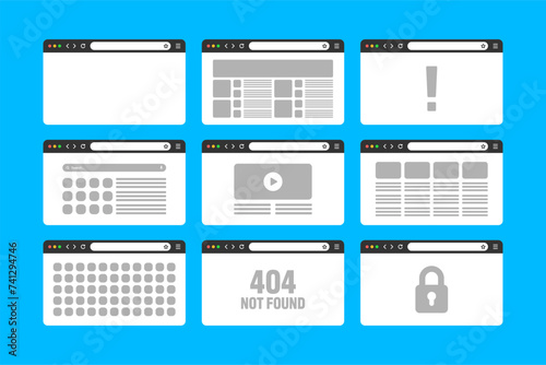 Web browser window, pages layout with toolbar and search field. Modern website, internet page in flat style. Browser mockup for computer, tablet and smartphone. Adaptive UI. Vector illustration