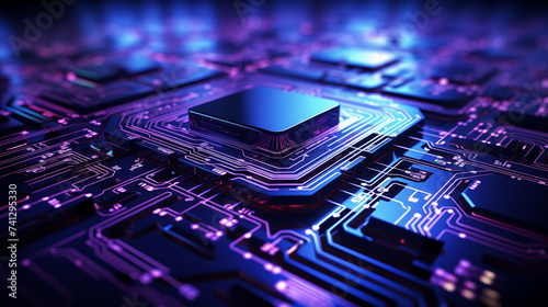 Abstract futuristic background in blue and purple colors. Digital technology, the future of innovative communications. Abstract microcircuits and processors. Bokeh effect. AI generative