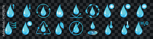 Set of water drops icons. Icons: water level, water recycling, dry air, humidity or steam, waterproof. No water. Cold and hot water temperature and more