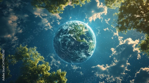 Environmental planet orbit, Beneath the celestial canopy, a resilient planet orbits gracefully, adorned with lush landscapes and cosmic wonders