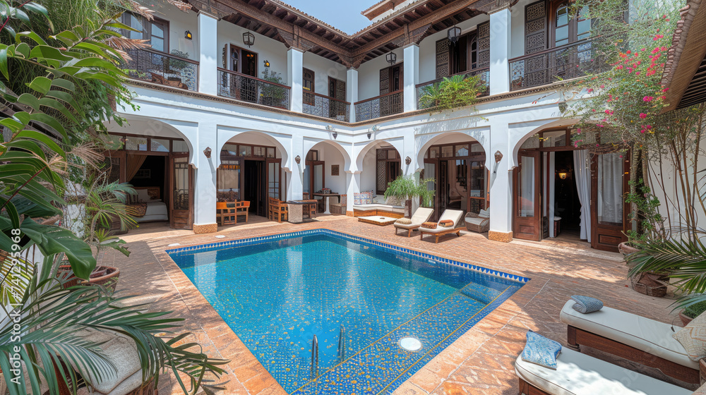 Traditional Moroccan Riad Courtyard with Cooling Features
