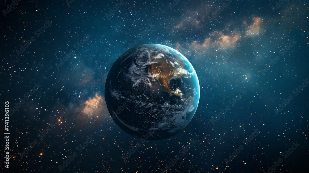 Fototapeta premium Environmental planet orbit, In the vastness of space, a serene planet orbits gently, surrounded by shimmering stardust and cosmic wonders