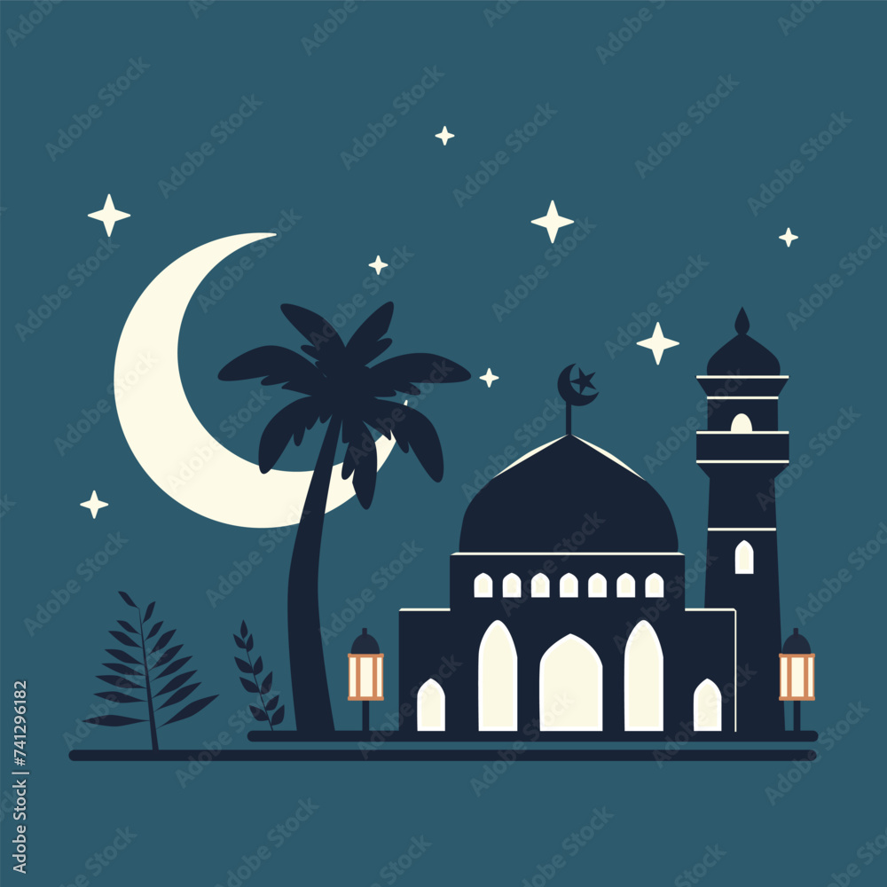 vector illustration of mosque and date palm tree at night with stars and crescent moon. Suitable as a template or background for greetings for Ramdhan, Eid al-Fitr and other Islamic holidays.