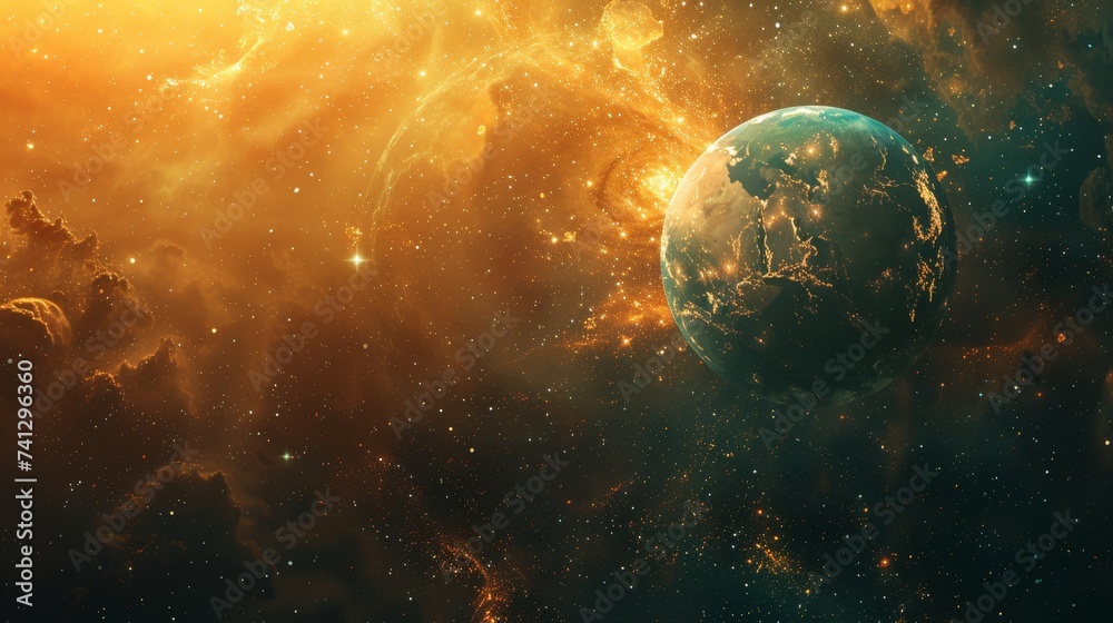 Obraz premium Environmental planet orbit, Through the cosmic symphony, a vibrant planet orbits peacefully, embraced by celestial harmony and shimmering starlight