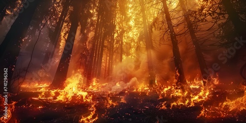 Raging Wildfire Scorches Forest, Heat Felt for Miles in Intense Scene. Concept Nature's Fury, Wildfire Devastation, Extreme Heat, Forest Destruction, Emergency Response