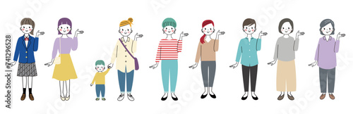 どうぞのポーズをしている様々な年齢層の女性の全身イラスト