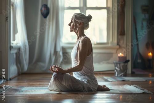An old woman, a grandmother, does yoga and meditation at home on a mat. The concept of a healthy lifestyle, mental health, self-care and body care.