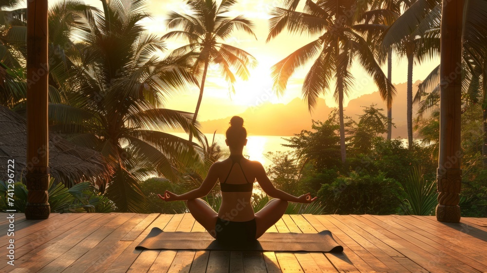 Girl does yoga and meditation against the backdrop of tropical nature and islands. The concept of a healthy lifestyle, self-care. Background for advertising fitness, mental health, travel. Girl does yoga and meditation against the backdrop of tropical nature and islands. The concept of a healthy lifestyle, self-care. Background for advertising fitness, mental health, travel.