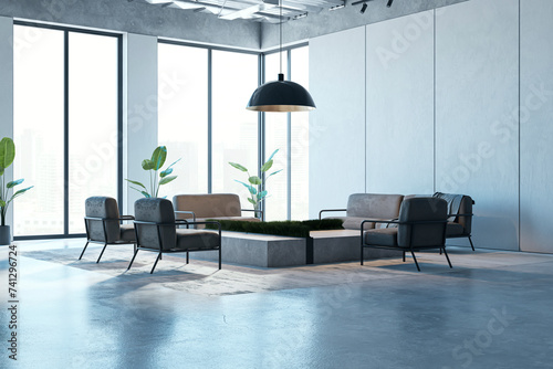 Bright waiting area in office. Spacious interior with furniture  panoramic window with city view  daylight  carpet and other decorations. 3D Rendering.