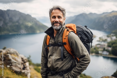 Handsome middle-aged man with a backpack hiking in Norway.