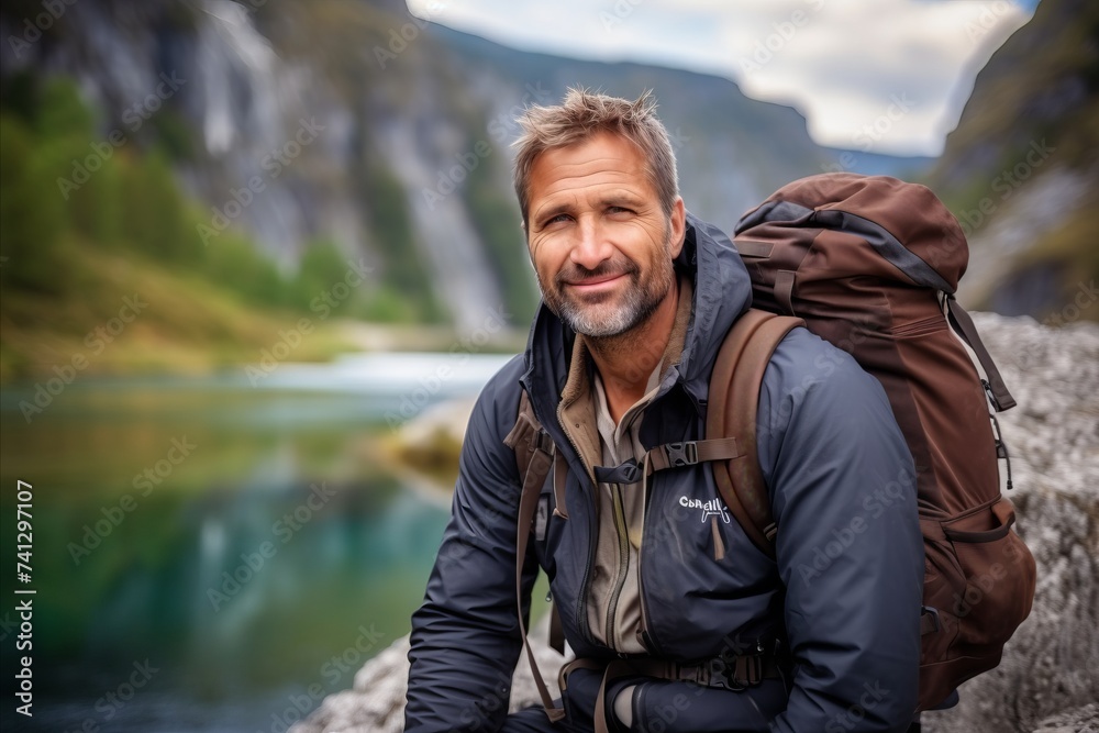 Handsome mature man with a backpack on the background of a mountain river