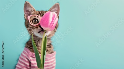 Cat with glasses sniffing tulip on turquoise background.