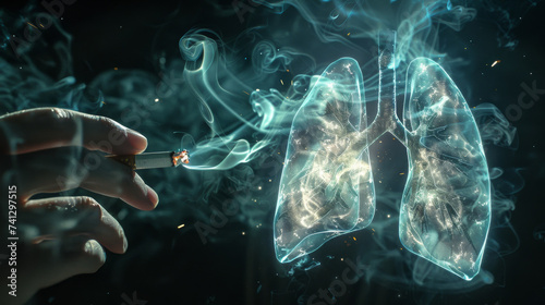 Smoker hand holding a smoking cigarette next to lungs full of smoke representing the danger of smoking for health photo