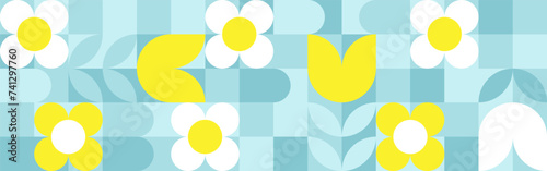 Seamless geometric summer background from flowers ornament, bright textiles and wallpaper. Daisies and bells in yellow and blue sunny shades for packaging goods and gifts.
