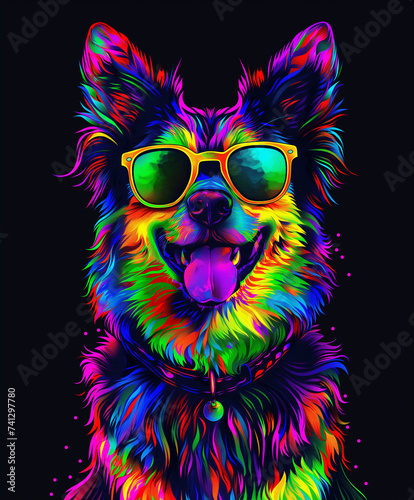 a colorful illustration of a full body of an Australian Cattle dog, wearing sunglasses.