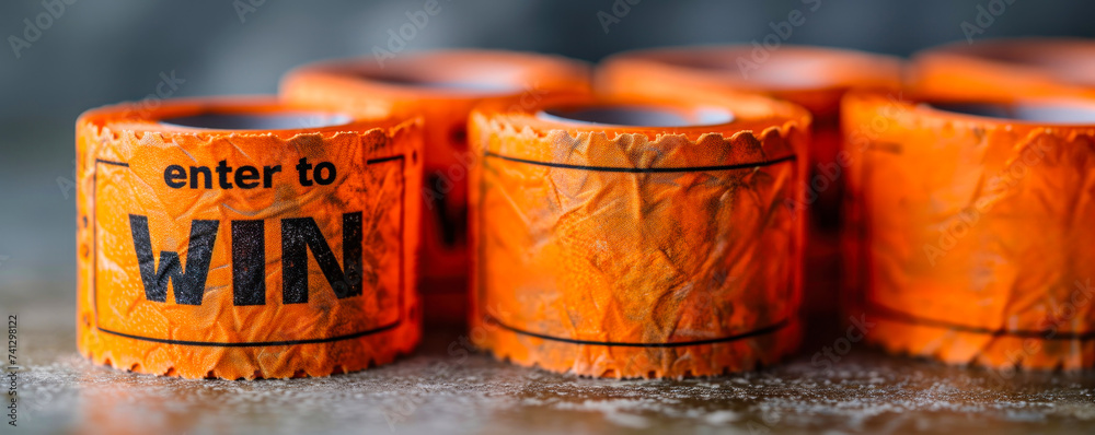 Roll of orange enter to win tickets coiled on a white background, symbolizing chances, luck, contests, raffles, and promotional events - obrazy, fototapety, plakaty 