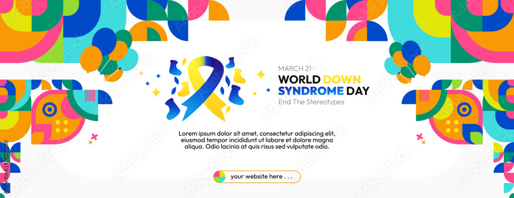 World Down Syndrome Day banner in modern geometric style. Long banners for social media and more with typography. Vector illustration for banners, posters, invitations, greetings and more