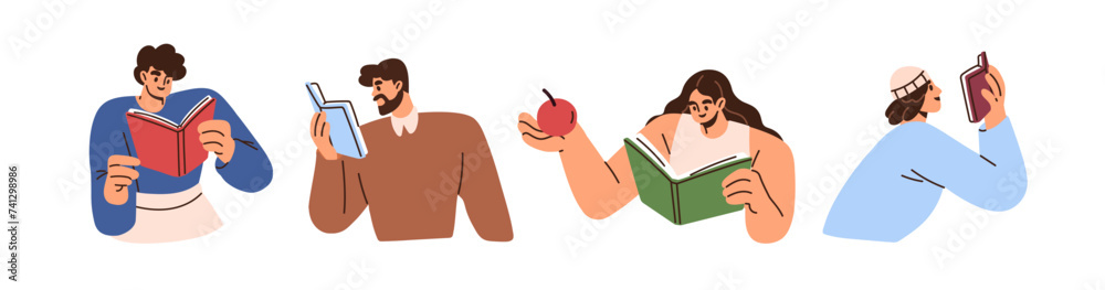 Men, women readers with books set. Characters reading interesting literature. Students, studying, learning. Excited people with novels. Flat graphic vector illustrations isolated on white background