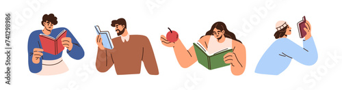 Men, women readers with books set. Characters reading interesting literature. Students, studying, learning. Excited people with novels. Flat graphic vector illustrations isolated on white background